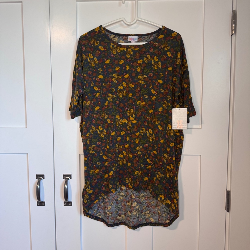 NWT LuLaRoe Irma Blue with Yellow Floral Print Top Women's Size XS Hi Low Hem